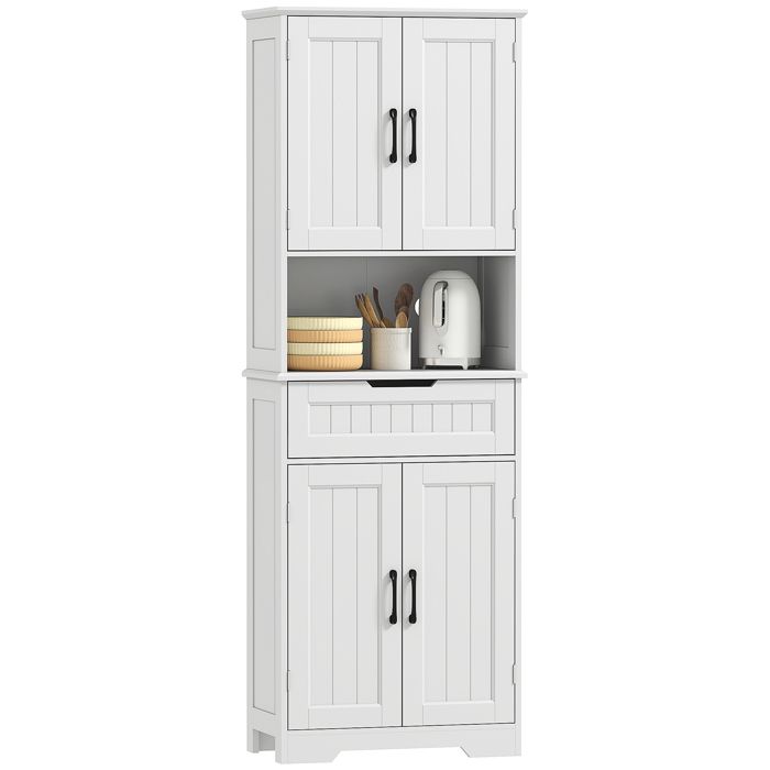 Armoire de cuisine - HOMCOM - 4 portes tiroir compartiment ouvert et étagères réglables - MDF - 60x30x172cm - blanc