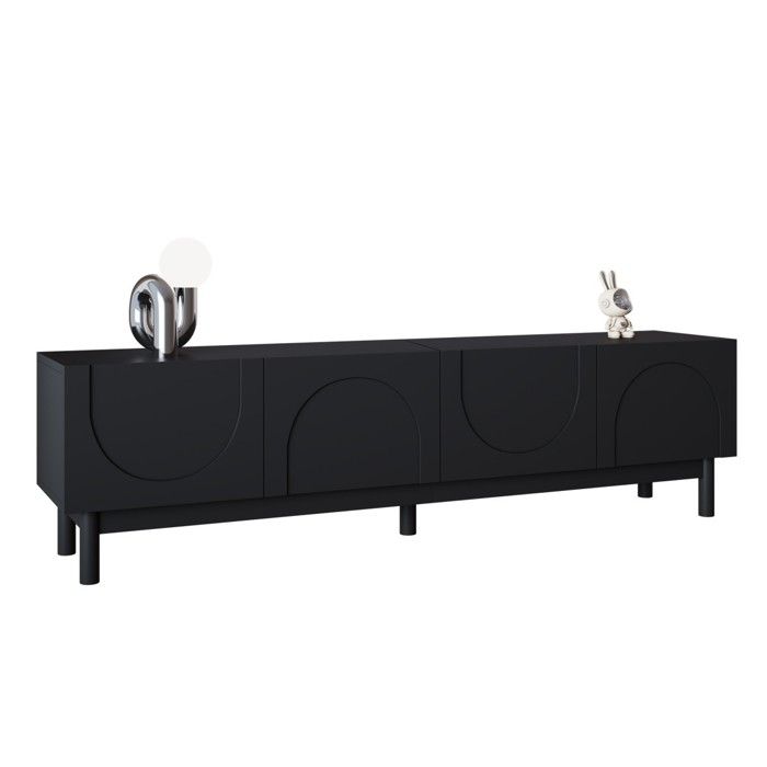 Meuble TV Bas Noir Design Vague Portes Courbes avec Etagères et Pieds Stabilisateurs Support Télévision Meuble Salon 169x35x45.5cm