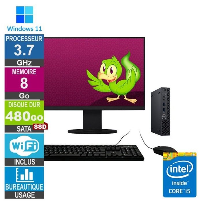 Dell 3070 Micro i5-9500T 3.70GHz 8Go/480Go SSD Wifi W11 + Ecran 22 - Dell