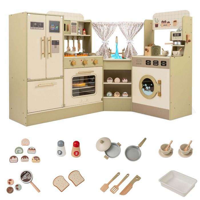 Cuisine pour Enfants XXL COSTWAY 3Ans+ 21 Accessoires 146 5x 54 x 85 5 CM avec Lave-Vaisselle Réfrigérateur Machine à Laver