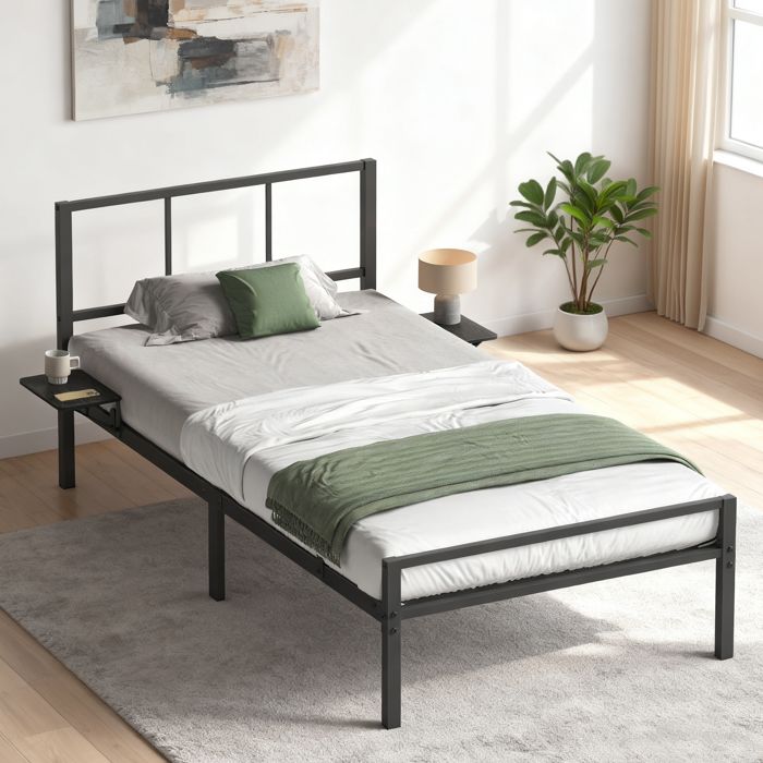 Structure de lit 90 x 190 cm avec Sommier Étagères de Rangement Tête de Lit Facile à Monter pour Chambre Noir