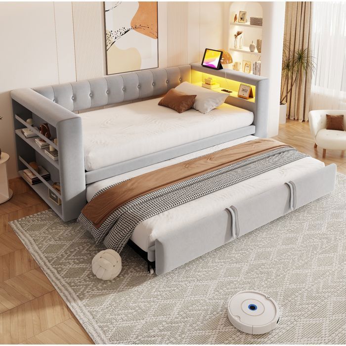 Canapé-lit gris clair 90/180 × 190 avec LED prise et rangement sans matelas