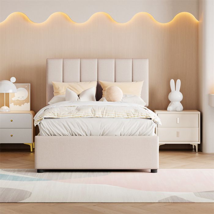 Lit denfant lit capitonné 90x200 cm- lit de rangement hydraulique- lit high box en lin respectueux de la peau- beige- sans matelas Lit denfant lit capitonné 90x200 cm- lit de rangement hydraulique- lit high box en lin respectueux de la peau- beige- sans matelas