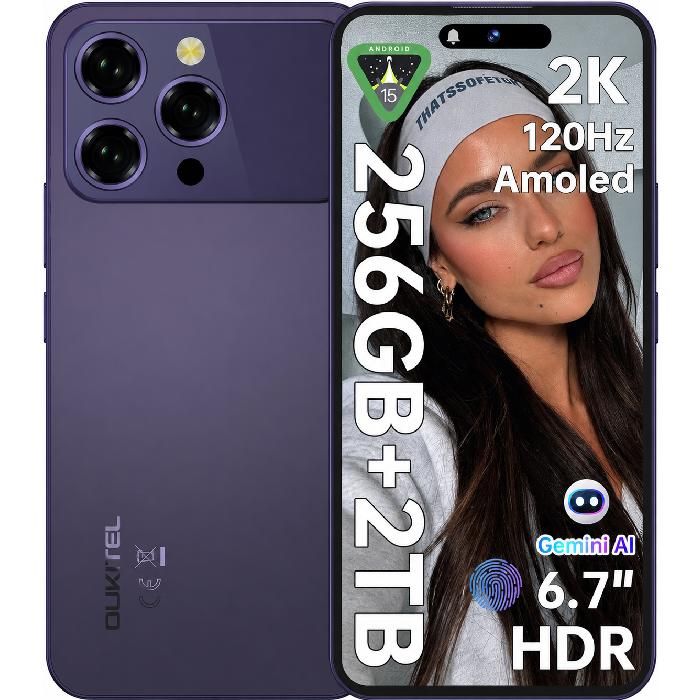 OUKITEL P1 Pro Smartphone 16GO+256GO AMOLED 6.7FHD+ 120Hz 50MP+32MP Android 15 5150mAh Débloqué Empreinte/Face ID/NFC/OTGViolet