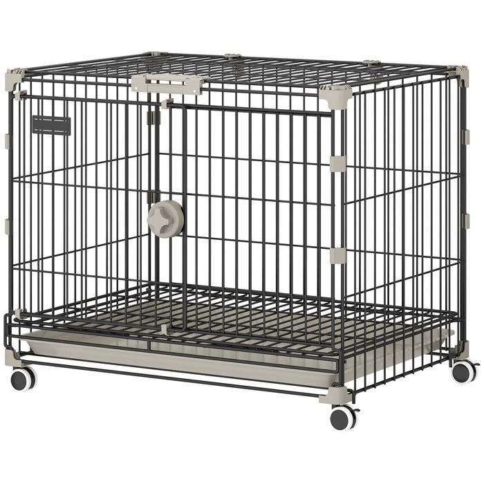 LIA Cage pour Chien Pliable Plateau Amovible Roues avec Freins Toit Ouvrant Porte de Nourrissage 605x455x545cm Noir