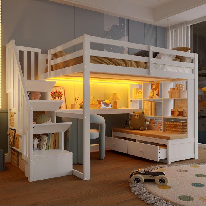 Lit mezzanine adulte 140x200 cm avec bureau étagères escalier rangement 2 tiroirs sommier à lattes blanc