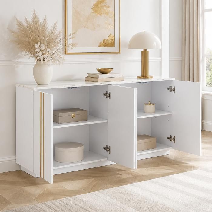 Buffet salon - Zephmum - 140x70x35 cm 4 portes lignes dorées cloisons réglables blanc or