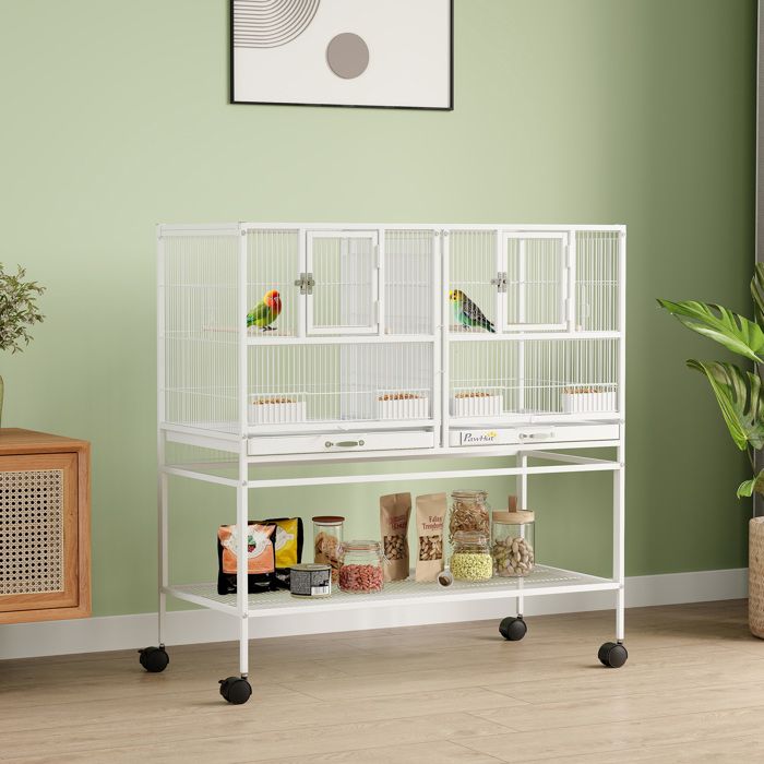 Cage à oiseaux 95 x 455 x 102 cm blanc séparateur roulettes 4 mangeoires 4 perchoirs étagère 2 bacs amovibles