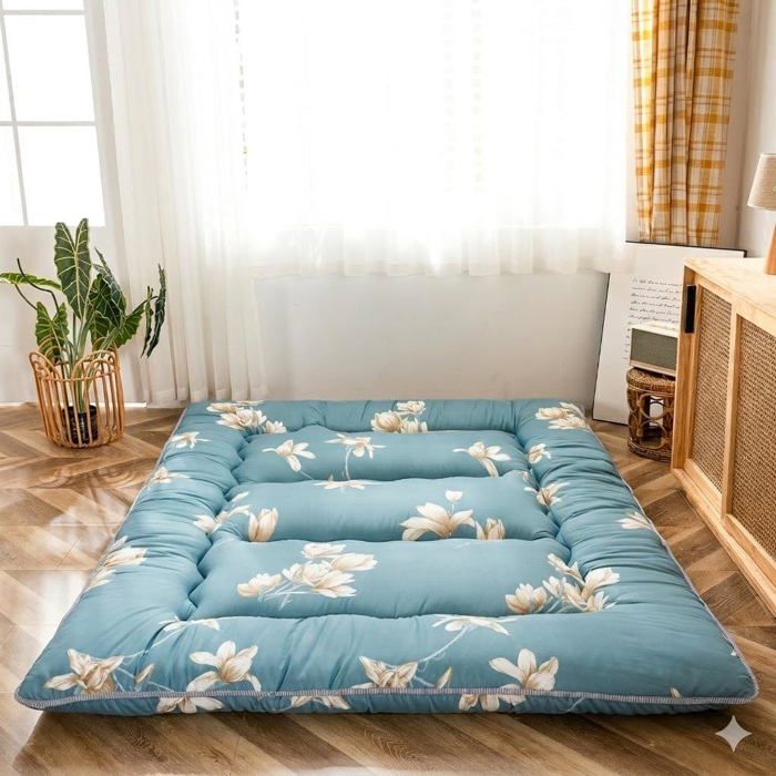 Matelas Futon De Sol Japonais - Matelas Appoint Lit JaponaisFuton Pliable Avec Sac De Transport Camping（Floral Bleu90X190Cm）