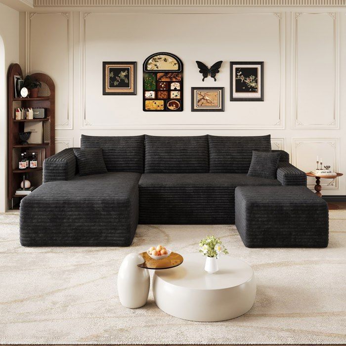 Canapé dangle gauche en U Canapé modulable Canapé compressé 3 places Canapé nuage en velours côtelé avec pouf noir