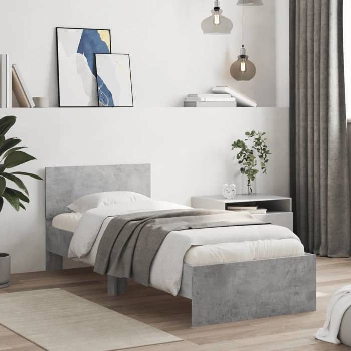 ECOHOME Cadre de lit - sans matelas - Lit adulte simple - design solide - avec tête de lit gris béton 90x190 cm tsl81n2652