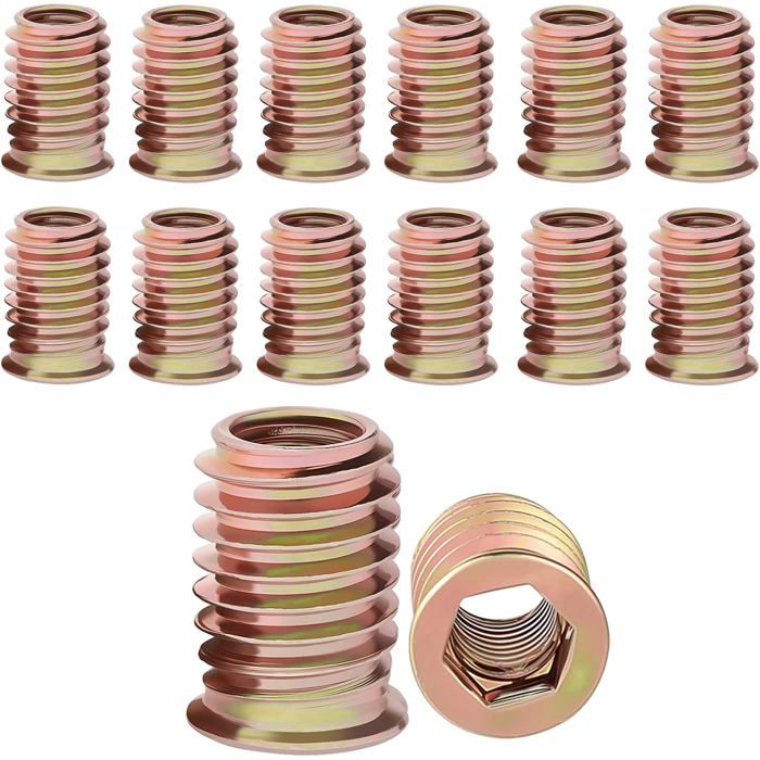 Insert fileté M10 25 mm en acier galvanisé - lot de 30 - embout hexagonal pour bois et ameublement
