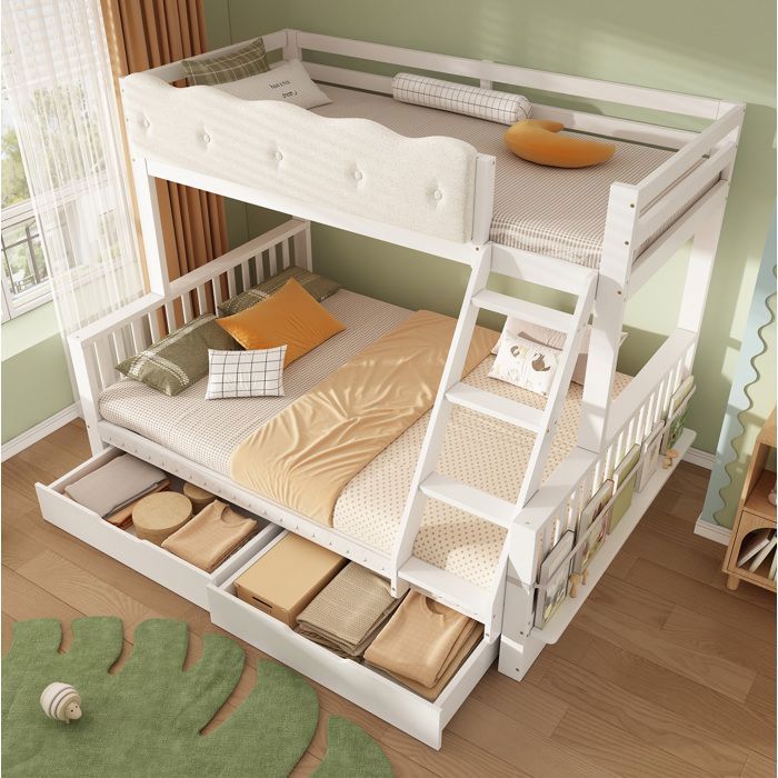 Lit superposé familial 90x200/140x200 cm SENVIRO - blanc avec tiroirs porte-revues sans matelas EN 747-1:2024