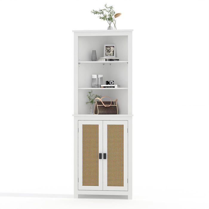 Meuble d’angle rotin sur pied étagères réglables gain de place salle bain‑cuisine‑salon style campagne