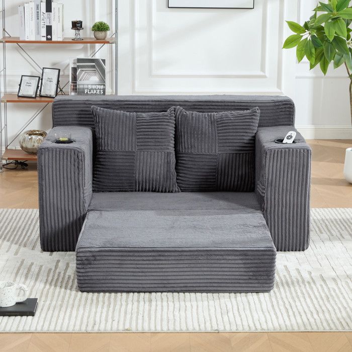 Canapé 2 Places Convertible - 133x87x64cm - Banquette Lit en Velours Côtelé 2 Porte-Gobelets Poches Mousse 250kg - Gris