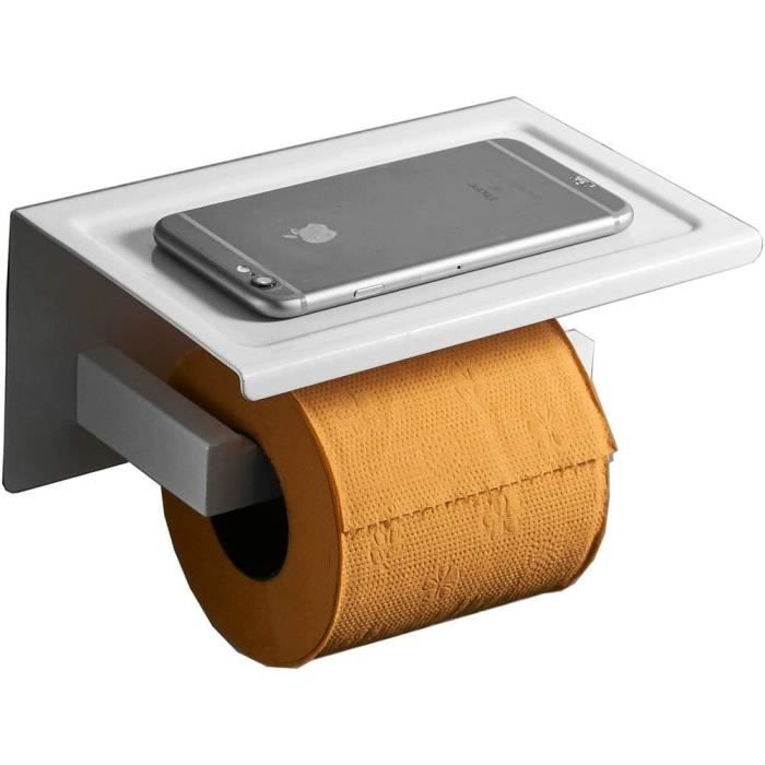Porte Rouleau Papier Toilette Mural Avec Étagère - Adhésif Sans Percage - Noir Mat - Support Téléphone