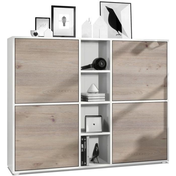 Vladon Buffet haut Cuba V3 avec 12 compartiments caisson en blanc mat - Façades en Chêne Nordique Vladon Buffet haut Cuba V3 avec 12 compartiments caisson en blanc mat - Façades en Chêne Nordique