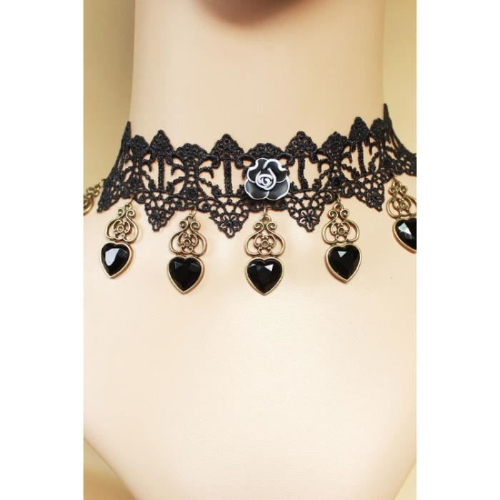 Choker Noir Gothique Dentelle Col Baroque Victorien Avec Rose - Collier Femme Neuf Avec étiquettes