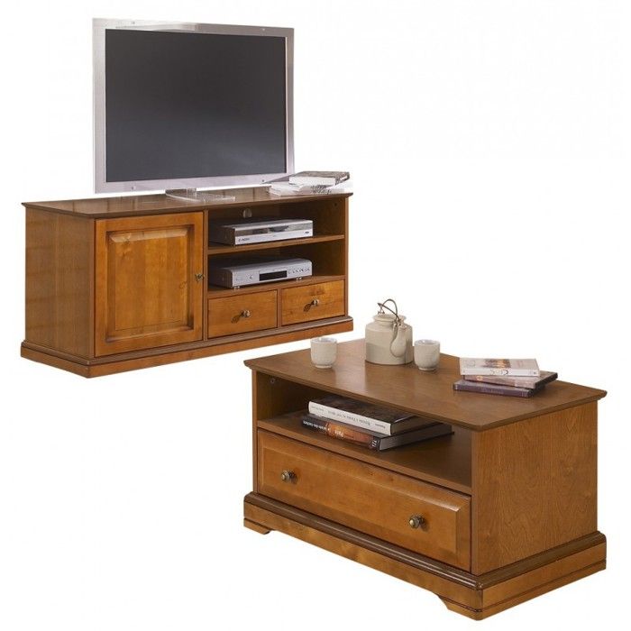 Meuble TV et Table Basse Plaqués Merisier - L 134.9 x l 46.5 x H 58.7 cm