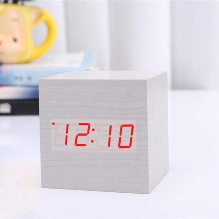 Réveil Cube LED En Bois - Affichage Heure, Date, Température - Alarme Multiple, Contrôle Vocal - USB Ou Piles
