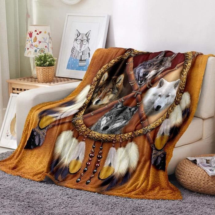 Couverture En Flanelle Attrape-rêves à Motifs Loups - Douce, Légère Et Chaude 127x152 Cm
