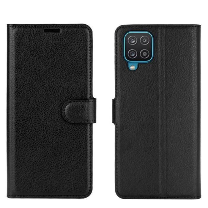 Classique Texture Litchi Étui Samsung Galaxy A12 Housse Luxe Portefeuille Étui à rabat Housse Samsung Galaxy A12 - Noir