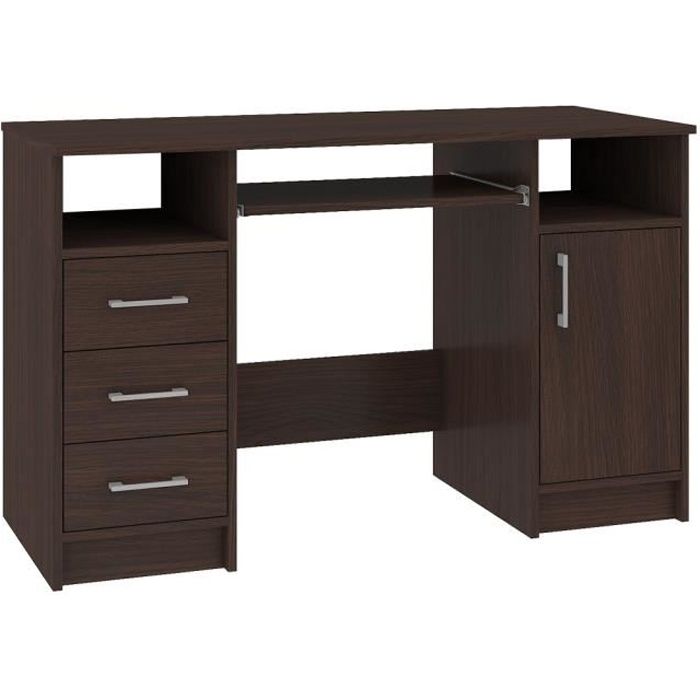 KAMA | Bureau informatique moderne 124x74x52 cm | 3 tiroirs + support clavier + niches | Table ordinateur/Mobilier bureau | Wenge