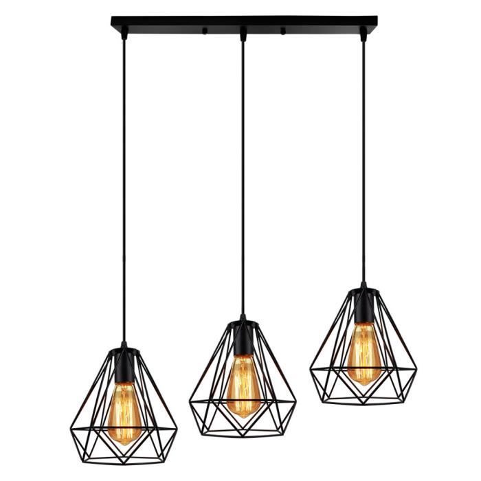 Lustre Suspension Longueur Adjustable 3 Luminaire Lampe Suspension Cage Diamant En Fer Noir Pour Salon Cdiscount Maison
