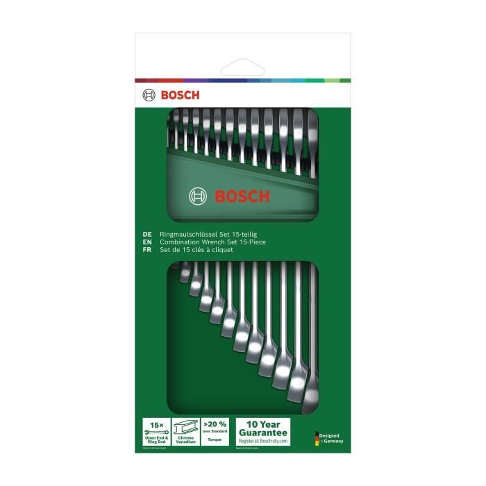 Bosch Set de 15 clés mixtes clés plates robustes universelles métrique 6 21 mm design ergonomique