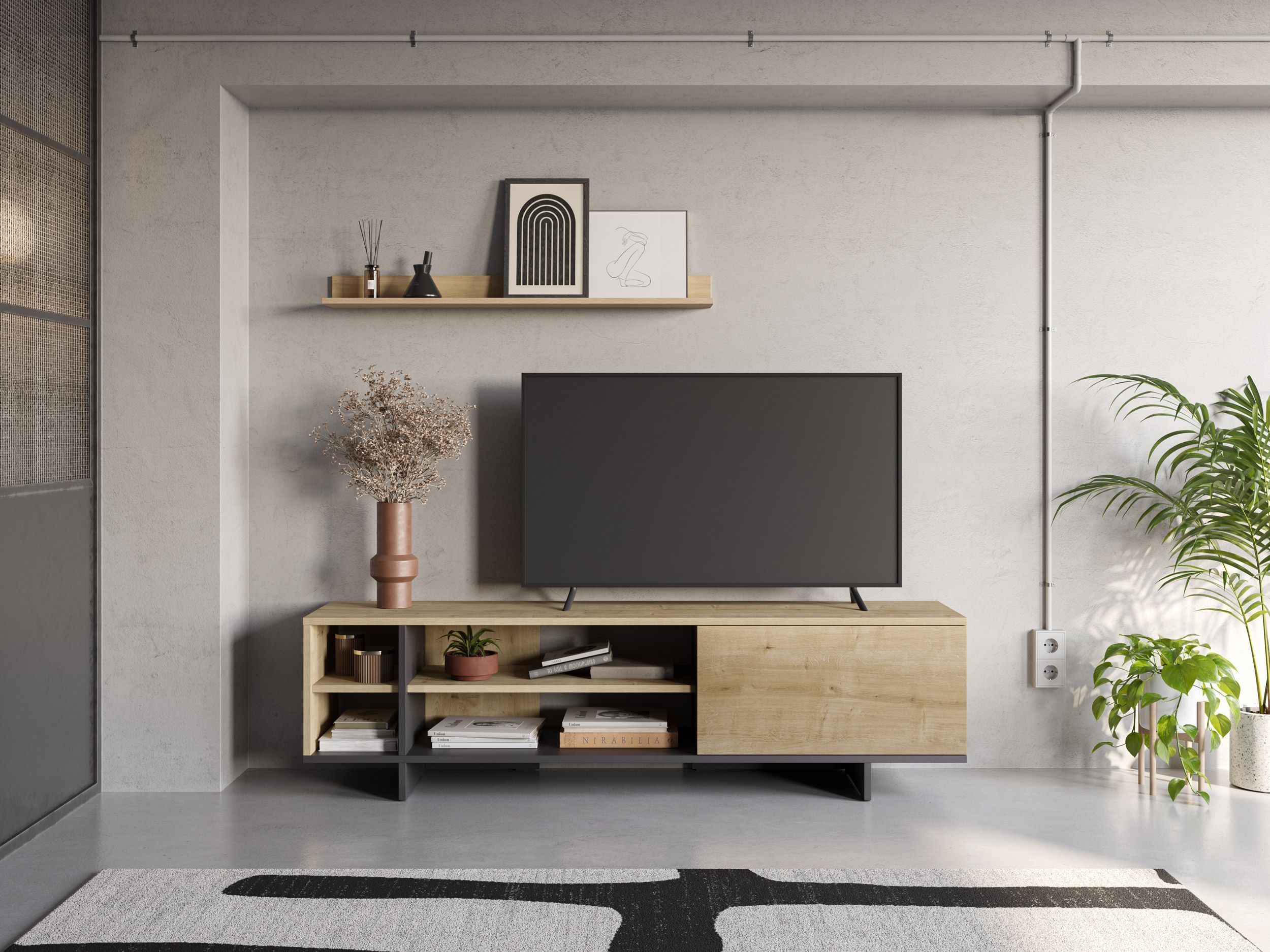 Meuble TV CEQUOIA - Chêne & Noir - 1 porte 4 niches - 160 x 356 x 44 cm