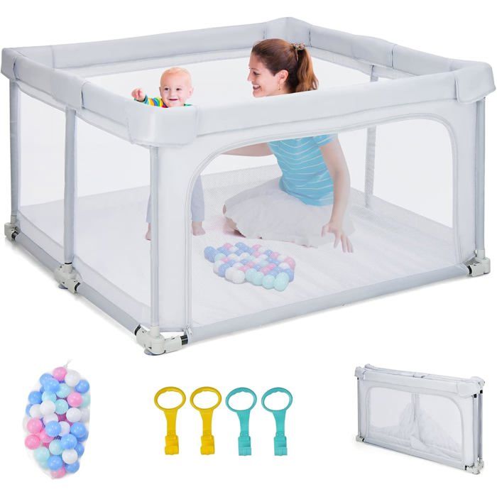 COSTWAY Parc Bébé Pliable 124x124cm Hauteur 70cm Avec 50 Balles Océaniques Et 4 Poignées - Gris Foncé