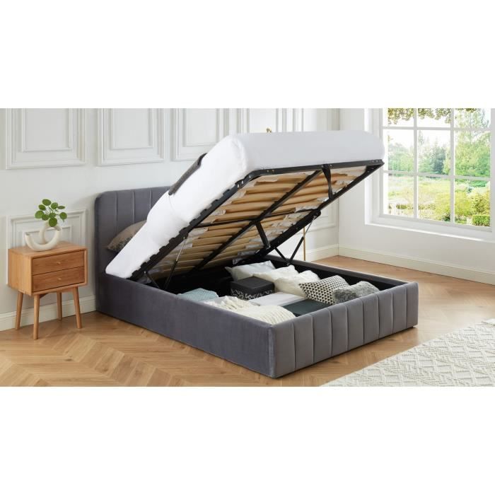 Lit coffre 140x190cm en velours gris anthracite avec tête de lit + sommier à lattes - Collection Ava - ELLE DECORATION