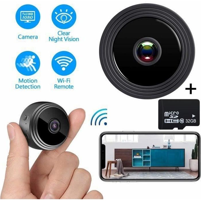 Mini Caméra Espion cachée sans Fil WiFi 1080P Vision Nocturne Caméscope Micro Caméscope distance surveillance - 32Go carte