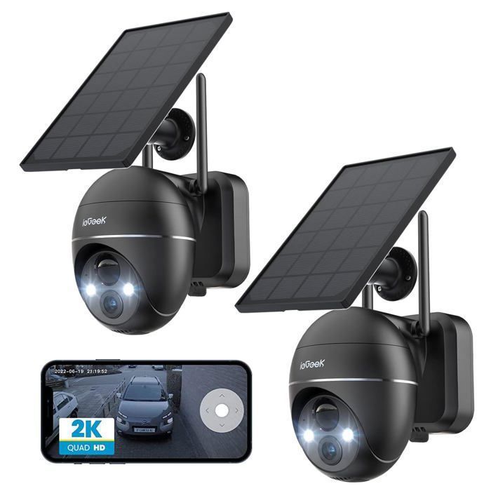 ieGeek 2PCS Caméra Surveillance 2K WiFi Extérieure sans Fil Solaire Caméra IP Batterie Vision Nocturne Couleur PIR Détection Sirène