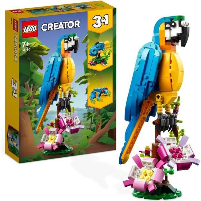 lego® creator 3-en-1 31136 le perroquet exotique, figurines animaux de la jungle, avec grenouille et poisson