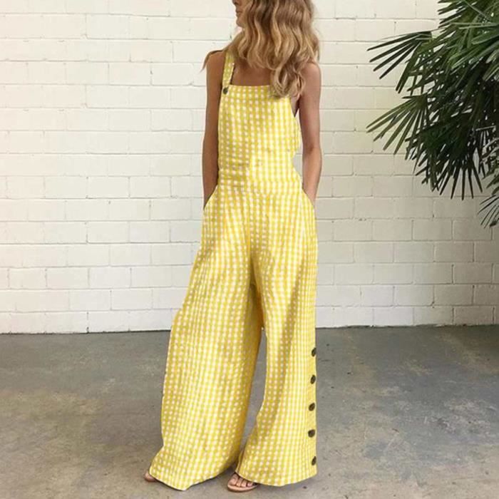Combinaison femme pantalon a bretelles decontractees a jambe large et boutons d impression a carreaux salopette Jaune Jaune Cdiscount Pret a Porter