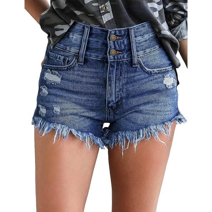 Short En Jean Classique Taille Haute A Double Bouton Pour Femme Short En Jean Effiloche Coupe Slim Bleu fonce Bleu fonce Cdiscount Pret a Porter