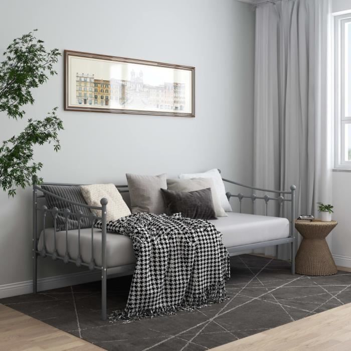 canapé-lit en fer ovonni - gris - 90x200 cm - cadre de lit avec barrière latérale