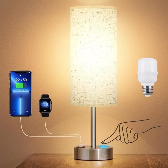 Lampe De Chevet Tactile Avec Ports De Charge Type-C+Usb-A, Lampe