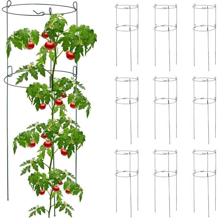 Tuteur à Tomates Relaxdays - Lot De 6 - Hauteur 60 Cm, Diamètre 6 Cm - Acier Vert Foncé Avec Attaches - Pour Jardin, Balcon