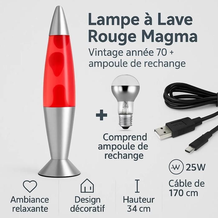 CELLUSTOP Lampe Lave Fusée Retro - Lampe Magma Rétro - Verre Robuste - 35  cm - Livré avec 2 ampoules 25 Watts - Rouge : : Luminaires et  Éclairage