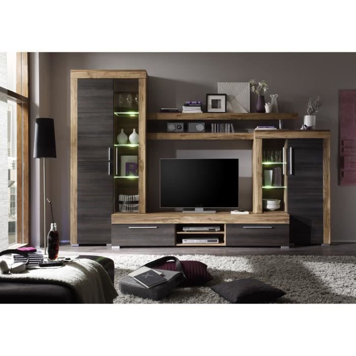 Ensemble meuble TV BOOM - TREND TEAM - 5 Portes - LED - Noyer satiné et chêne brun foncé
