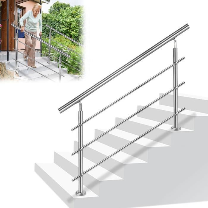 YUENFONG Rampe d'escalier en acier inoxydable pour escaliers, balcon, intérieur et extérieur, argent (150 cm, avec 3 traverses)