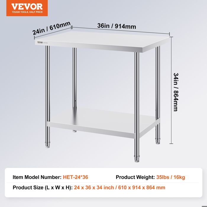 VEVOR Table de préparation des aliments en acier inoxydable, 35,6 x 61 x 86,4 cm, table de travail de cuisine commerciale, avec 2 étagères réglables, table de travail en métal robuste pour