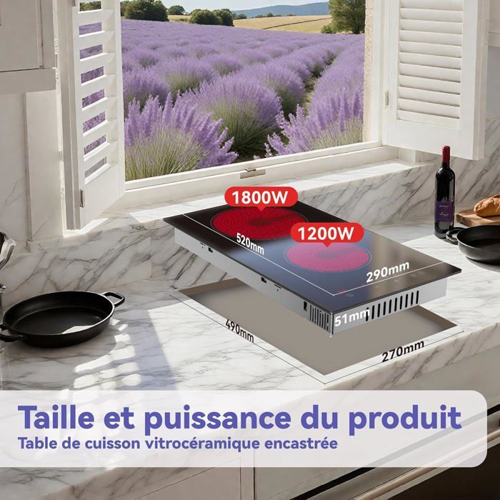 Plaque vitroceramique encastrable - SUTEO - 4 feux - 6000W - 9 niveaux de puissance - Touches