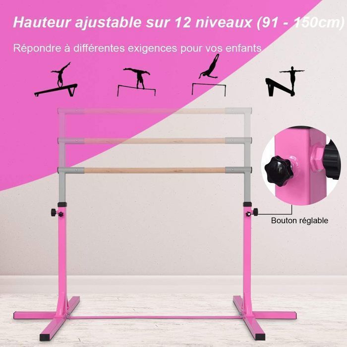 Barre De Gymnastique Enfant Hauteur Réglable - Rose, Acier Et Bois Hêtre