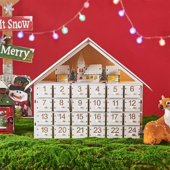 Calendrier De L'Avent En Bois à Remplir - 24 Tiroirs, Éclairage LED, Décoration Village Forêt Renne - Réutilisable