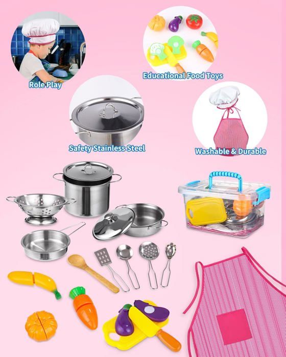 Cuisine Enfant 30 Pièces - Set De Casseroles En Inox, Ustensiles Et Aliments Jouets