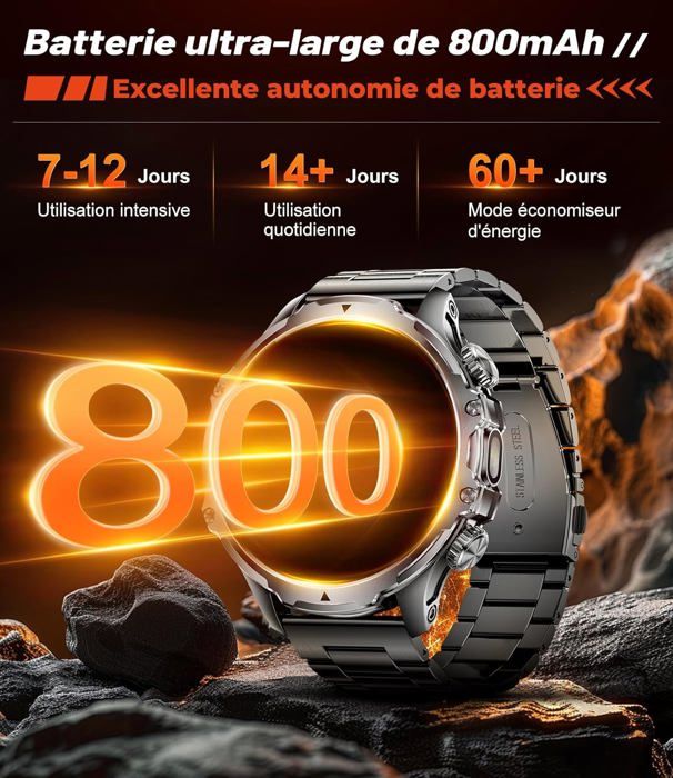 LIGE FV10 - Montre Connectée Militaire Pour Homme - Batterie 530 MAh - Écran HD 1,45" - Avec Fonction Téléphone - 100 Modes D'entraînement - Fréquence Cardiaque 24/7 - Moniteur De Sommeil - Étanche
