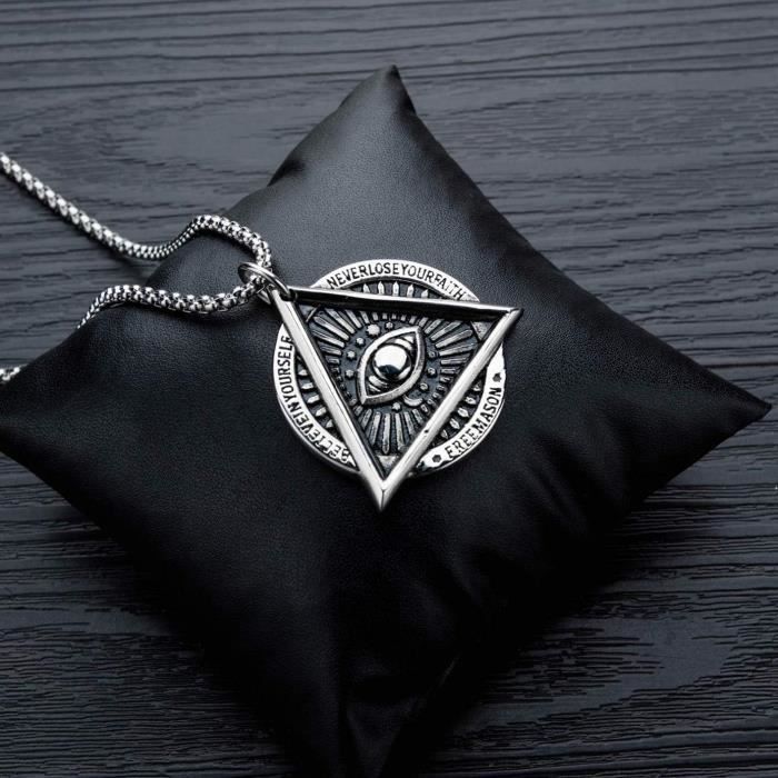 Collier Symbole Illuminati Avec œil Qui Voit Tout - Pendentif Zamak 3,5 Cm, Chaîne 60 Cm - Style ésotérique, Franc-maçonnerie - Unisexe - 12